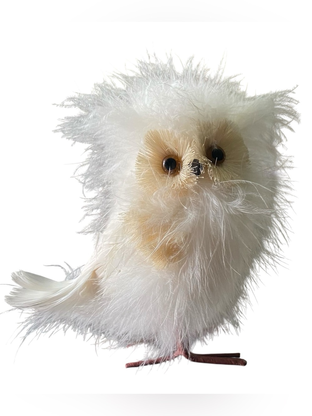 Handmade Faux Feathered Fluffy White Snow Owl Standing Figurine Christmas